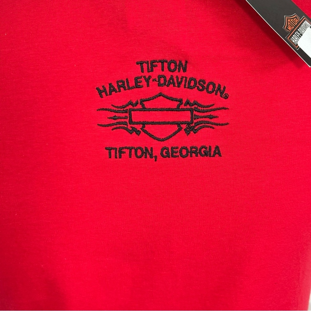 Harley Davidson Red Tank Top Bar & Shield Feel The Heat Logo Racing Stripes Sz M - Picture 6 of 10